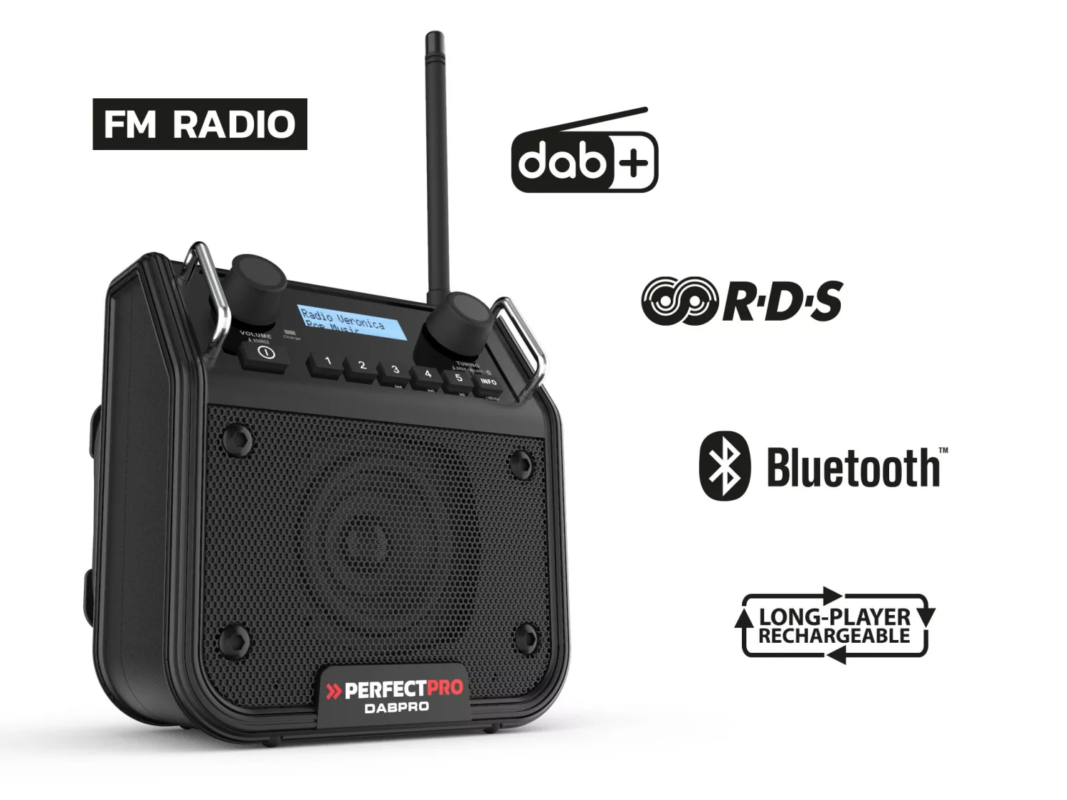 PerfectPro DABPRO2 Bouwradio - FM RDS / DAB+ - AUX-in - bluetooth - werkt op netstroom en batterij