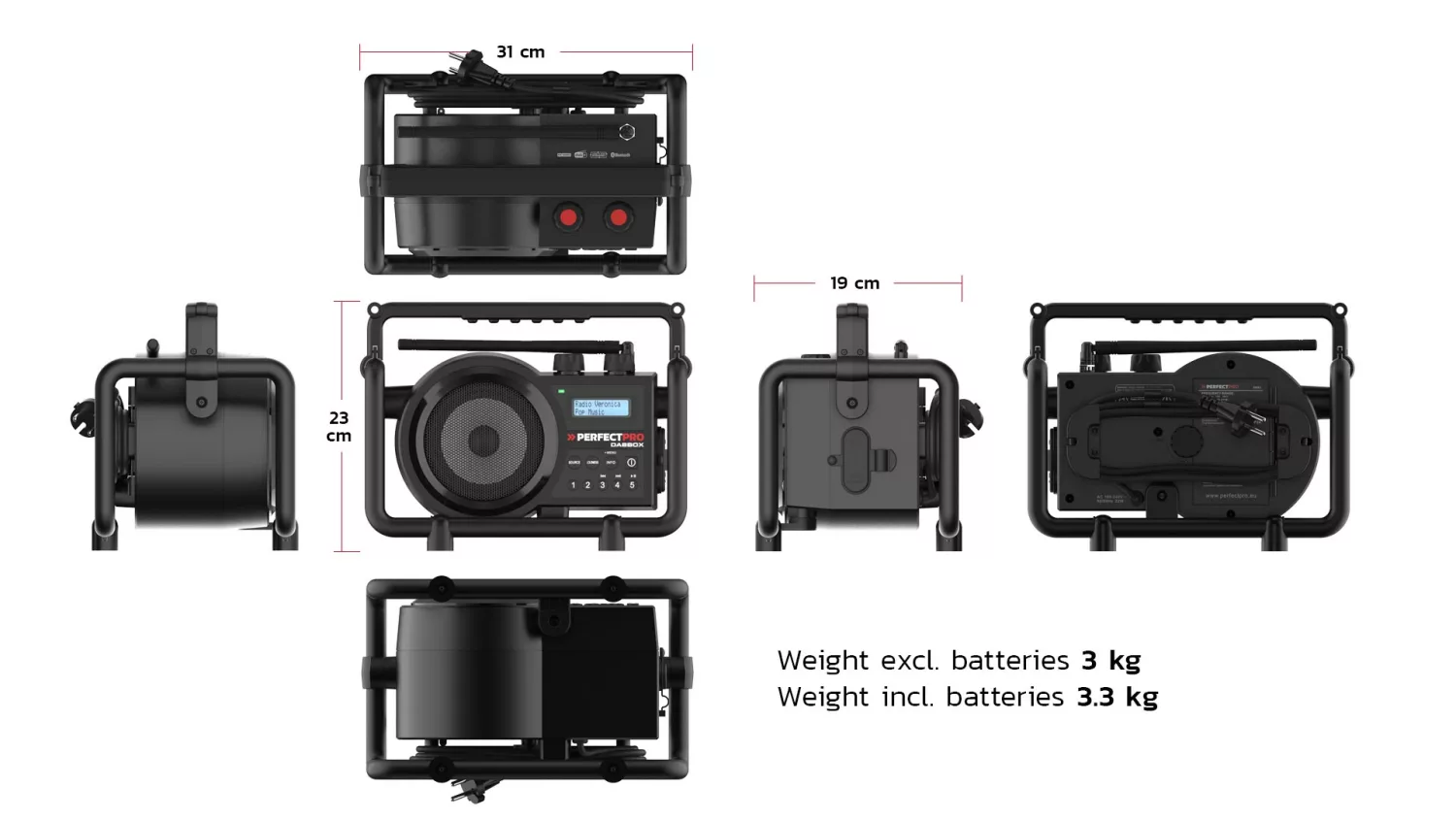PerfectPro DBX3 DABBOX Bouwradio - FM RDS / DAB+ - AUX-in - bluetooth - werkt op netstroom en batterij