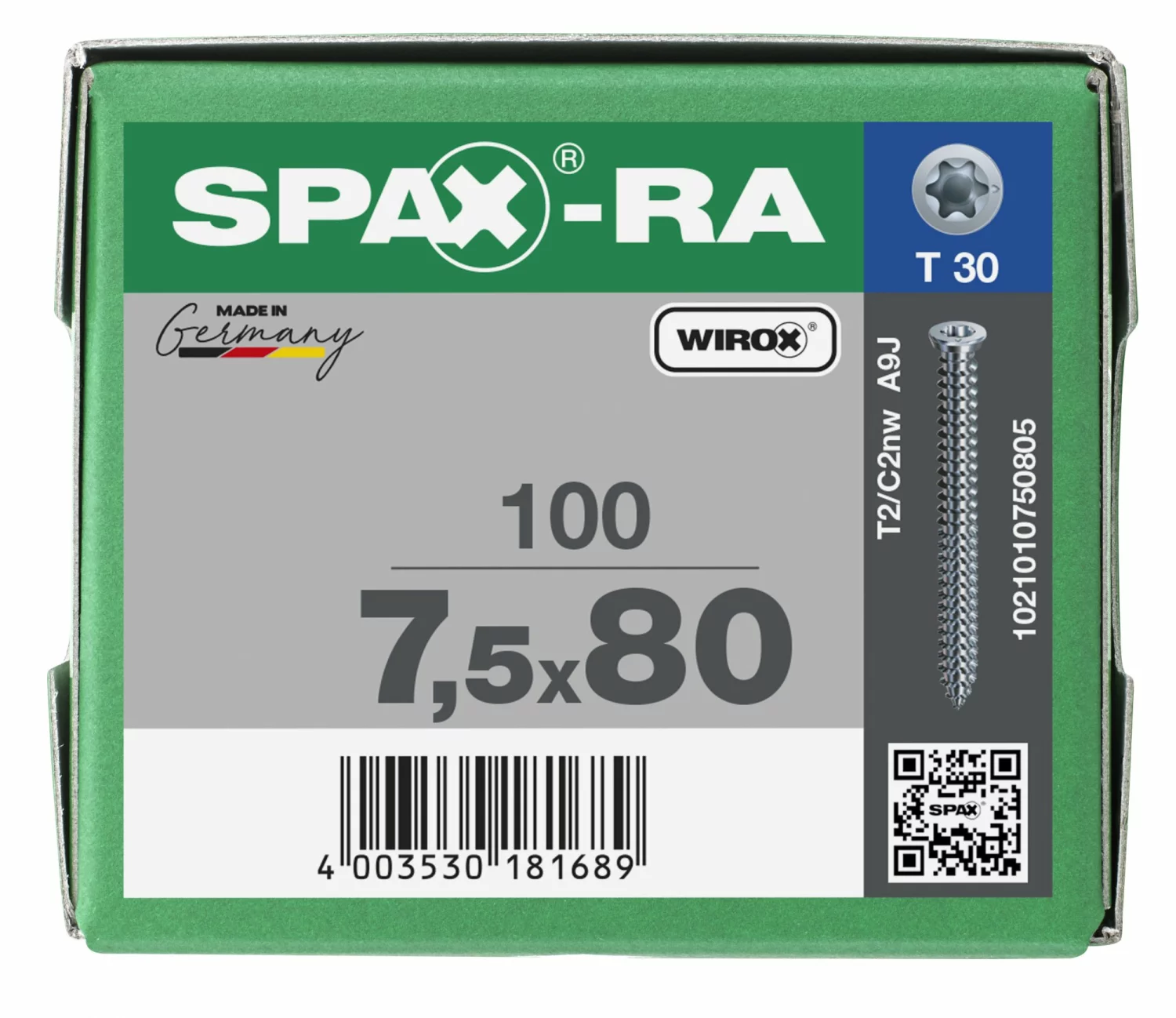 SPAX-Ra 1021010750805 Kozijnschroef, Platverzonken kop, 7.5 x 80, Voldraad, T-STAR plus TX30 - WIROX - 100 stuks-image