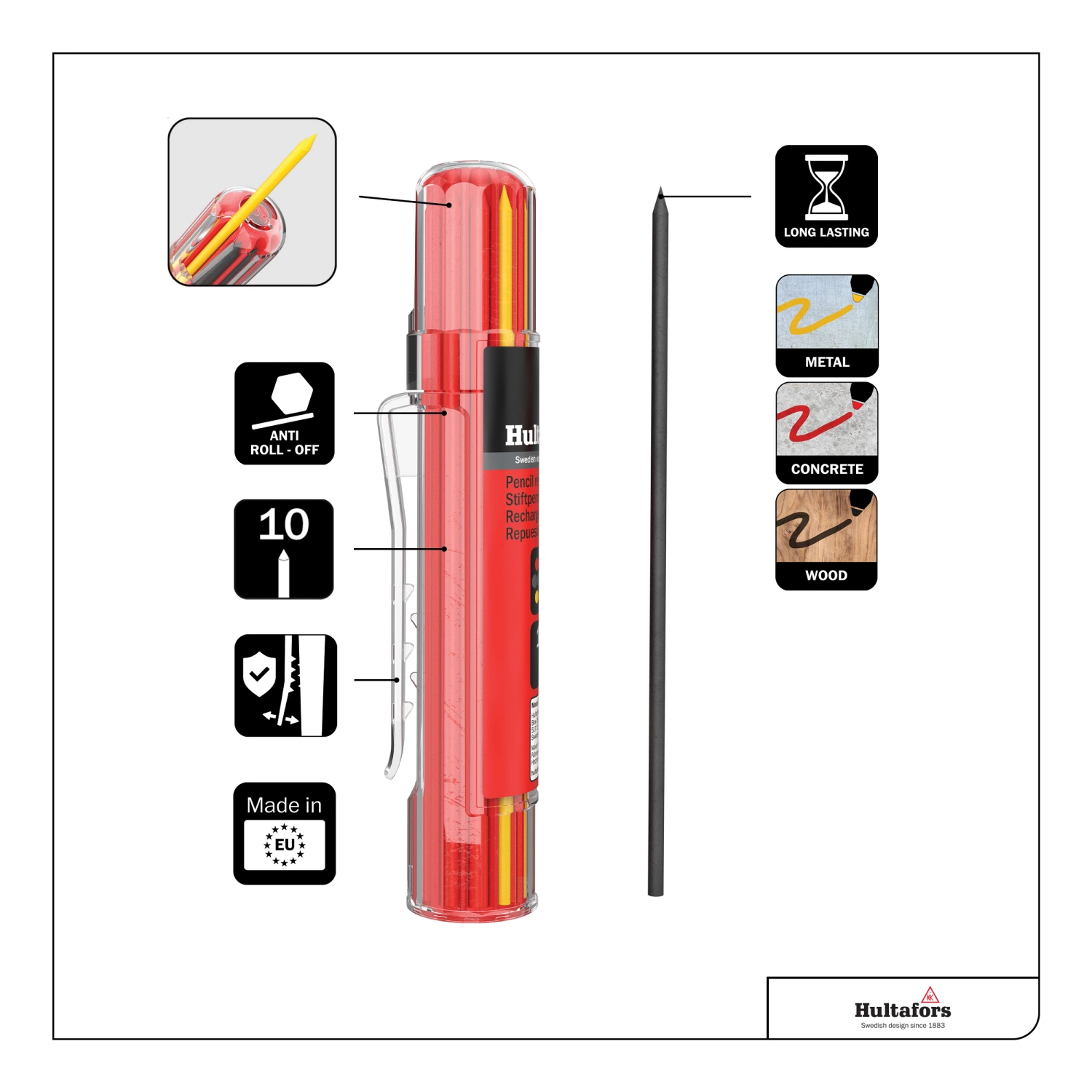 Hultafors HRD GRY Markeerpotlood navulling (10st) - Grijs, Rood en Geel-image