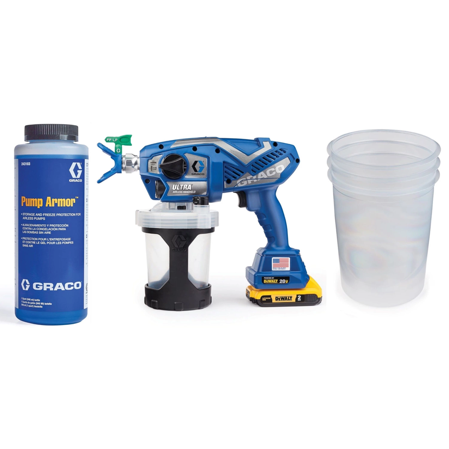 Graco 17M366 Ultra draagbare snoerloze verfspuit verfspuit 17M366 incl. Flexliner 1L bekerzakjes (25st) en Pump Armor vloeibare bescherming 0,95L