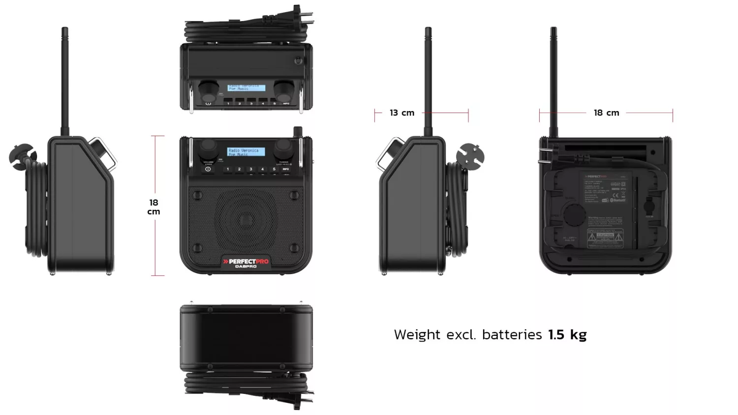 PerfectPro DABPRO2 Bouwradio - FM RDS / DAB+ - AUX-in - bluetooth - werkt op netstroom en batterij