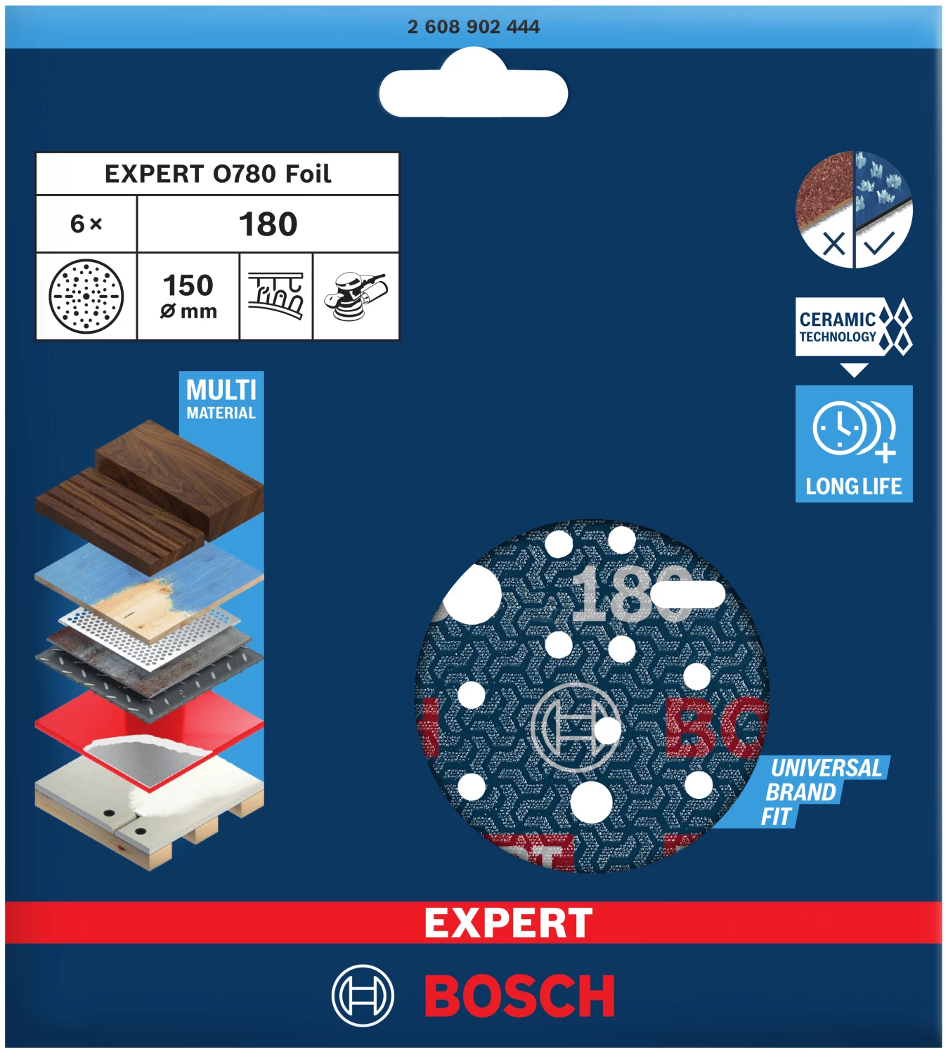 Bosch 2608902444 EXPERT Schuurschijf O780 met film onderlaag - 150mm - K180 (6 stuks)-image